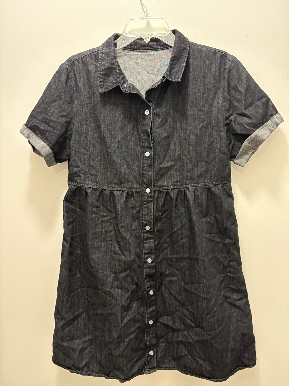 Button-Front Short Sleeve Denim Dress in Dark